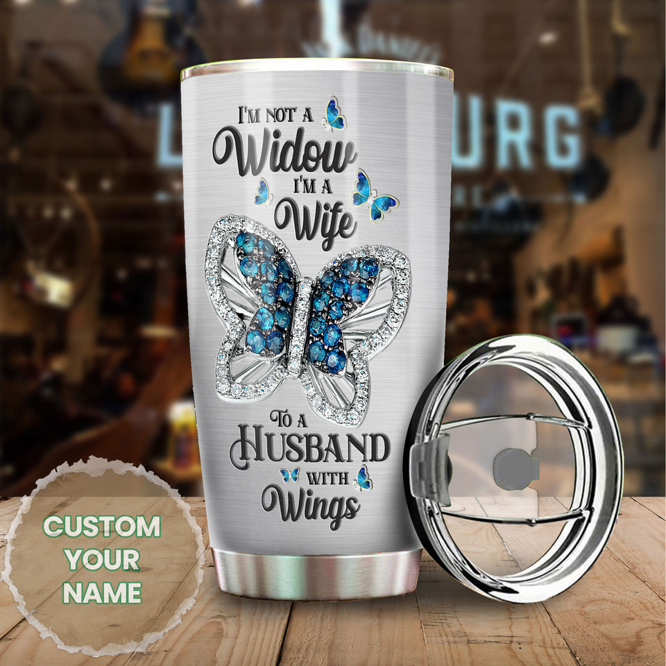 Camellia Personalized Widow Butterfly To A Husband With Wings Jewelry Style Stainless Steel Tumbler - Double-Walled Insulation Thermal Cup With Lid Gift For Memorial Day