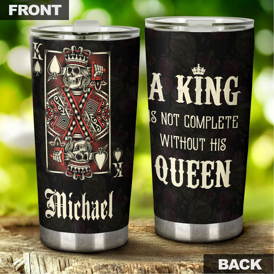 Camellia Personalized Skull King Not Complete Without His Queen Stainless Steel Tumbler - Double-Walled Insulation Travel Thermal Cup With Lid Gift For Valentines Day Couple