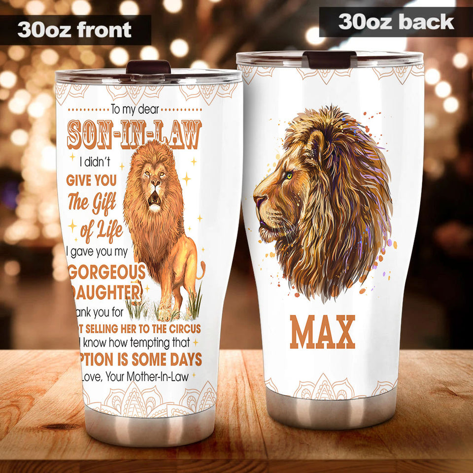 Camellia Personalized Lion To My Dear Son In Law Stainless Steel Tumbler - Double-Walled Insulation Thermal Cup With Lid Mother In Law Gift For Daughter's Husband
