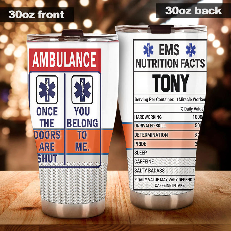 Camellia Personalized Ambulance EMS Nutrition Facts Stainless Steel Tumbler - Double-Walled Insulation Travel Thermal Cup With Lid Gift For Doctor Nurse Healthcare Worker