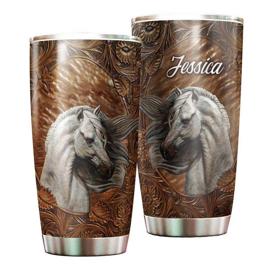 Camellia Personalized White Horse Leather Style Graphics Stainless Steel Tumbler - Double-Walled Insulation Thermal Cup With Lid Gift For Farm Horse Lover Horseback Riding
