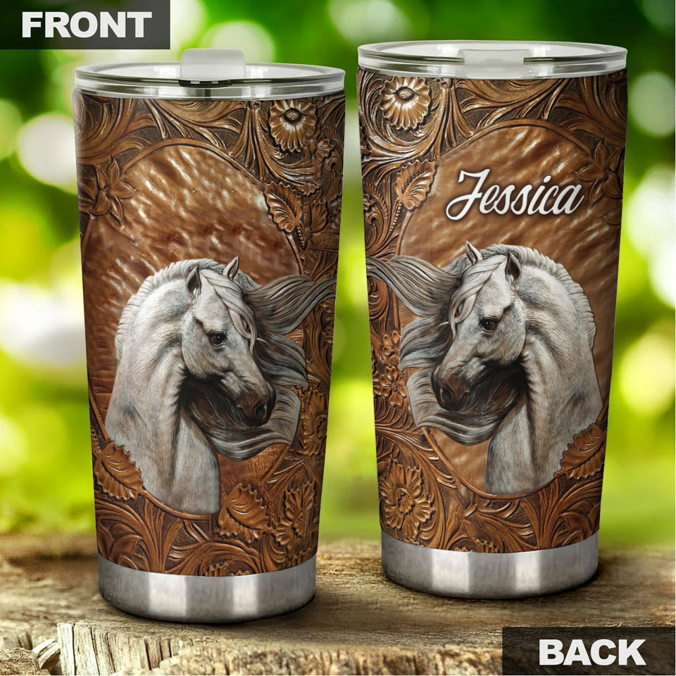 Camellia Personalized White Horse Leather Style Graphics Stainless Steel Tumbler - Double-Walled Insulation Thermal Cup With Lid Gift For Farm Horse Lover Horseback Riding
