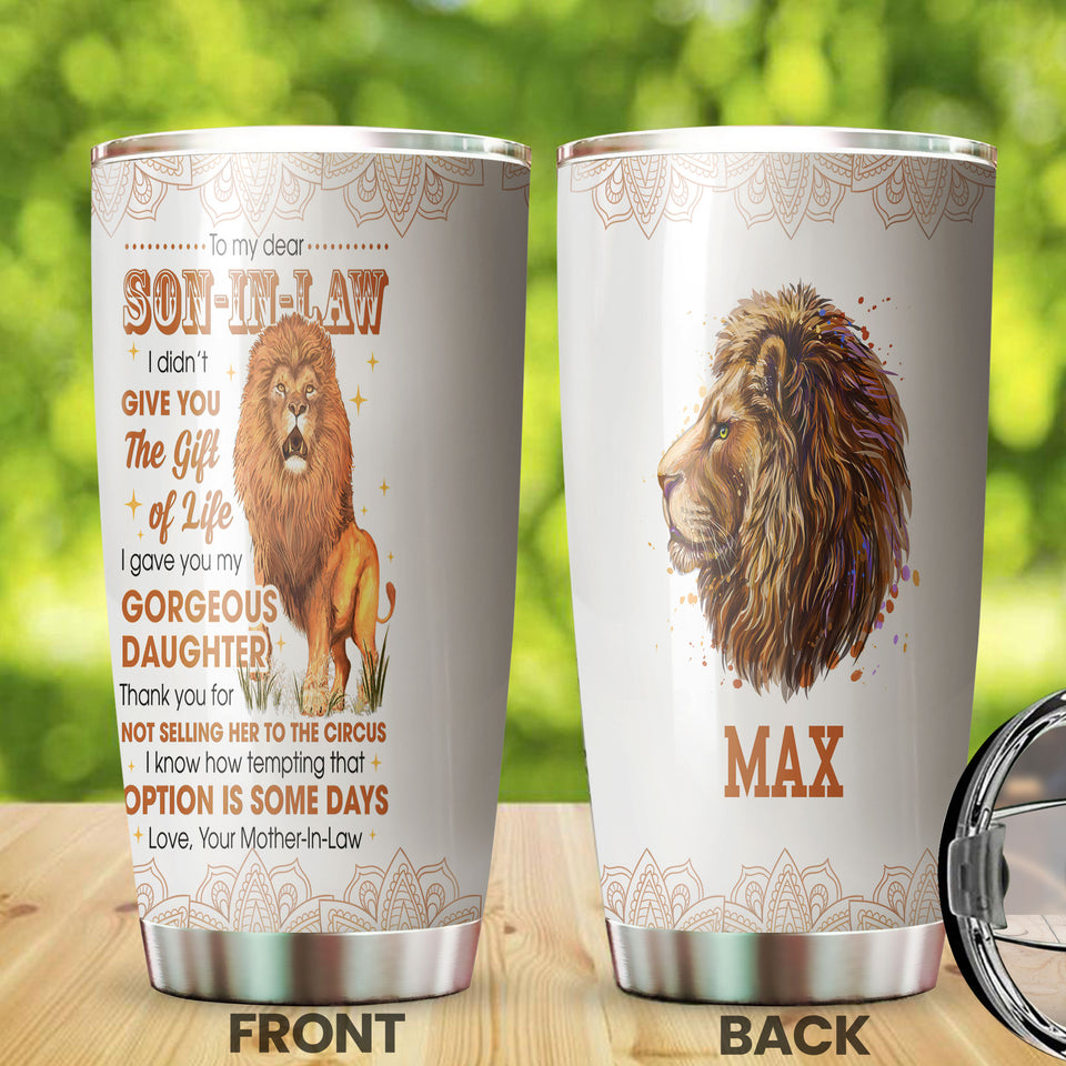 Camellia Personalized Lion To My Dear Son In Law Stainless Steel Tumbler - Double-Walled Insulation Thermal Cup With Lid Mother In Law Gift For Daughter's Husband