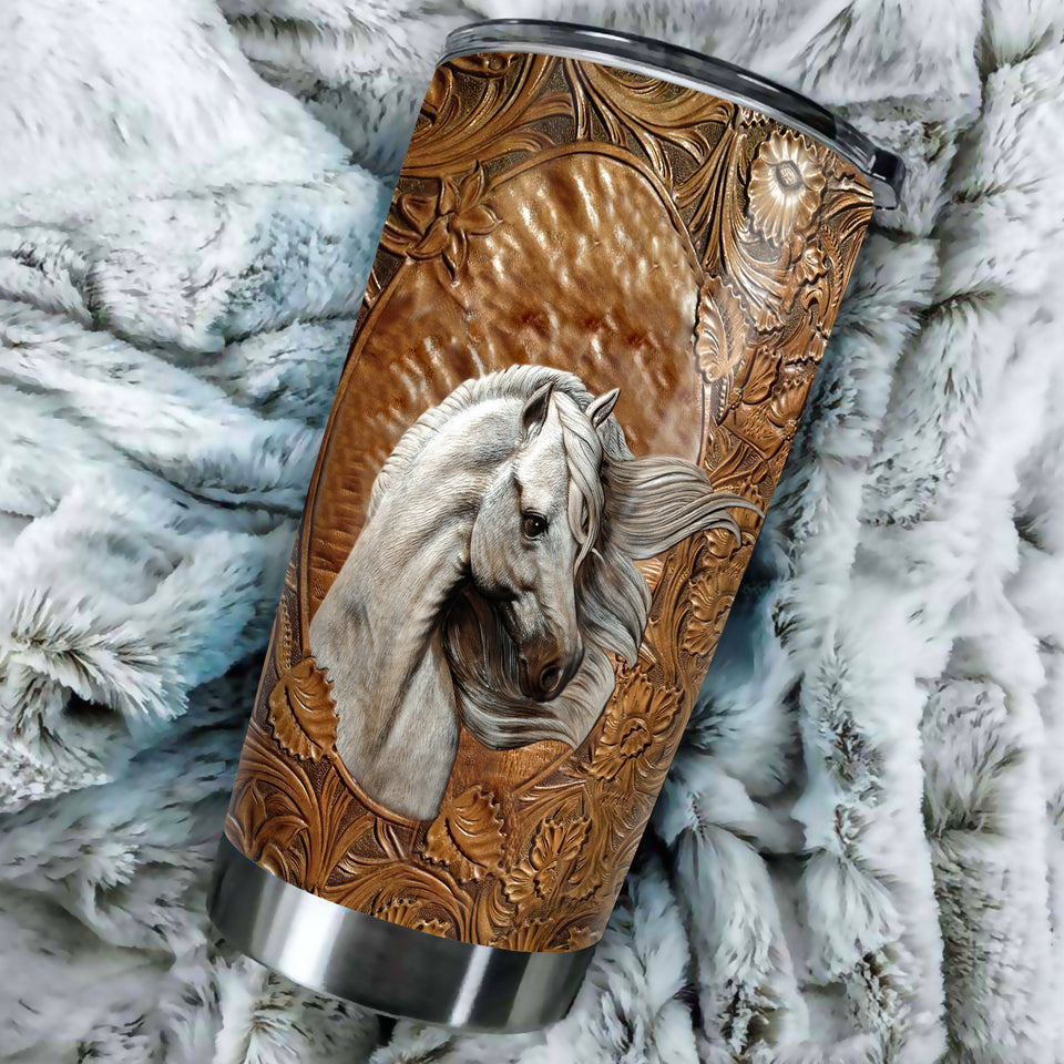 Camellia Personalized White Horse Leather Style Graphics Stainless Steel Tumbler - Double-Walled Insulation Thermal Cup With Lid Gift For Farm Horse Lover Horseback Riding