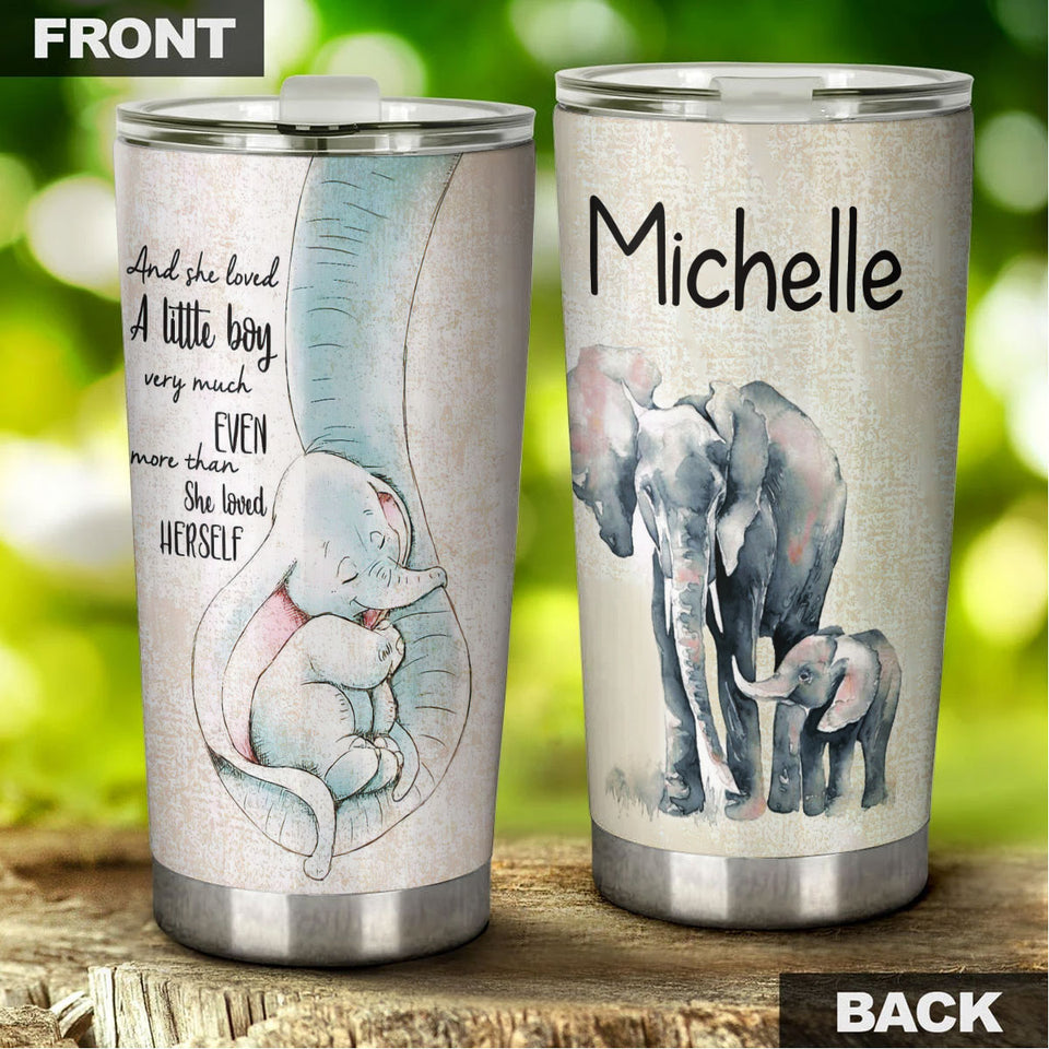 Camellia Personalized Watercolor Elephants She Loved A Little Boy Stainless Steel Tumbler - Double-Walled Insulation Thermal Cup With Lid Mother Gift For Son