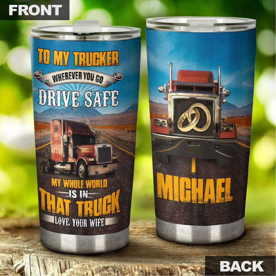 Camellia Personalized Truck To My Trucker Drive Safe Stainless Steel Tumbler - Double-Walled Insulation Travel Thermal Cup With Lid Gift For Husband Valentines Day