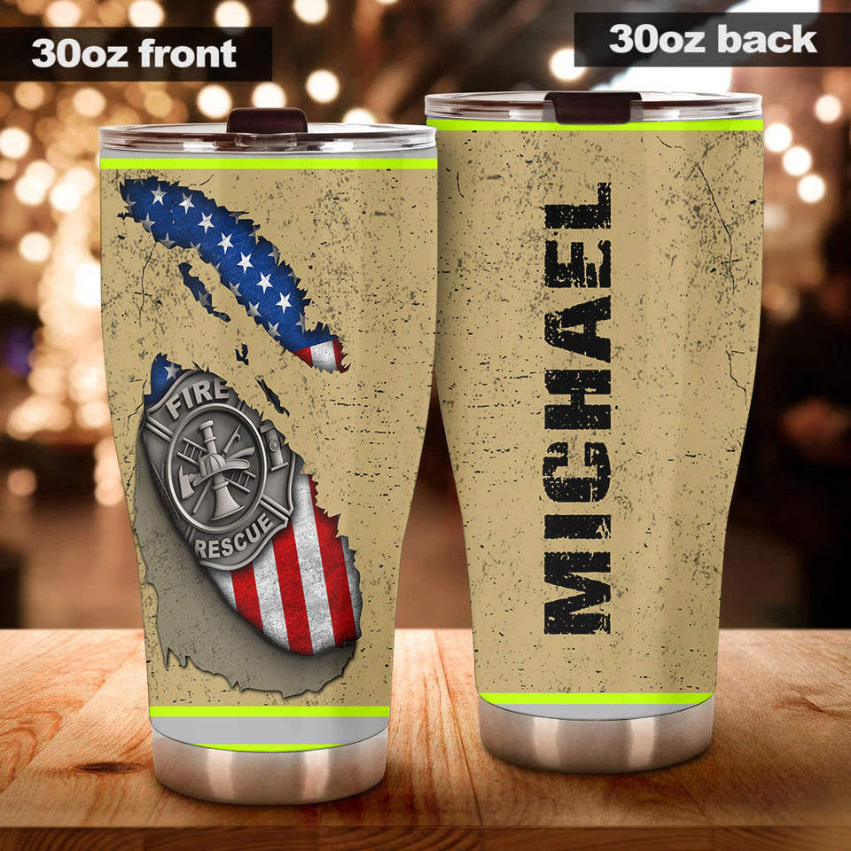 Camellia Personalized Firefighter American Flag Fire Rescue Metal Stainless Steel Tumbler - Double-Walled Insulation Travel Thermal Cup With Lid Gift For Firemen Volunteer