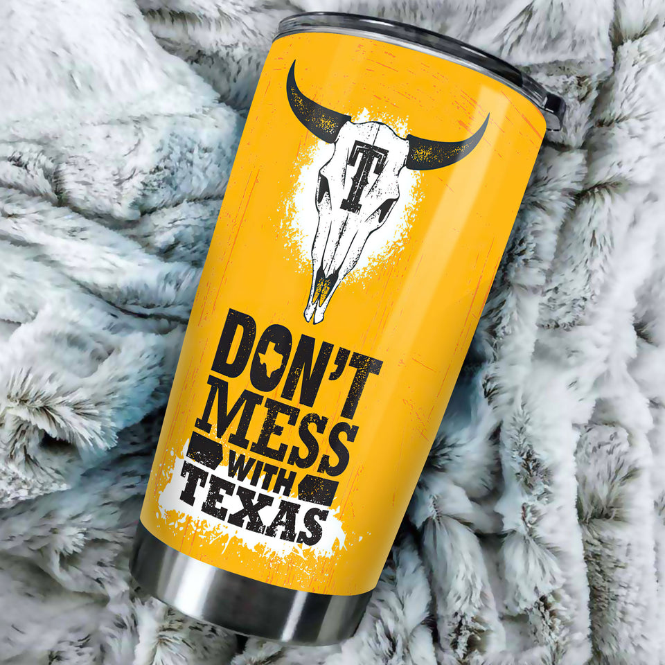Camellia Personalized Don't Mess With Texas Longhorn Yellow Stainless Steel Tumbler - Double-Walled Insulation Travel Thermal Cup With Lid Gift For Texas Cowboy