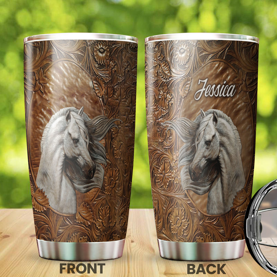 Camellia Personalized White Horse Leather Style Graphics Stainless Steel Tumbler - Double-Walled Insulation Thermal Cup With Lid Gift For Farm Horse Lover Horseback Riding