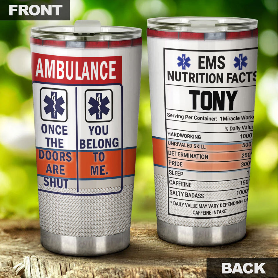 Camellia Personalized Ambulance EMS Nutrition Facts Stainless Steel Tumbler - Double-Walled Insulation Travel Thermal Cup With Lid Gift For Doctor Nurse Healthcare Worker