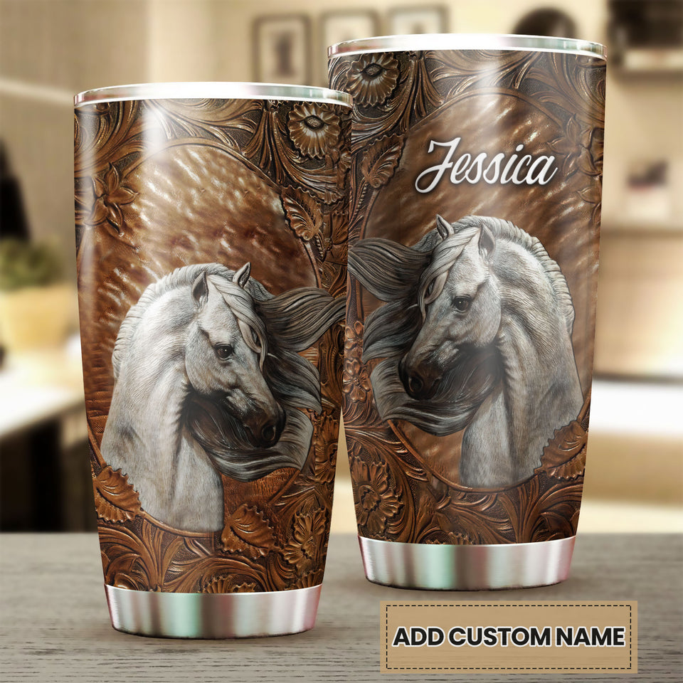 Camellia Personalized White Horse Leather Style Graphics Stainless Steel Tumbler - Double-Walled Insulation Thermal Cup With Lid Gift For Farm Horse Lover Horseback Riding