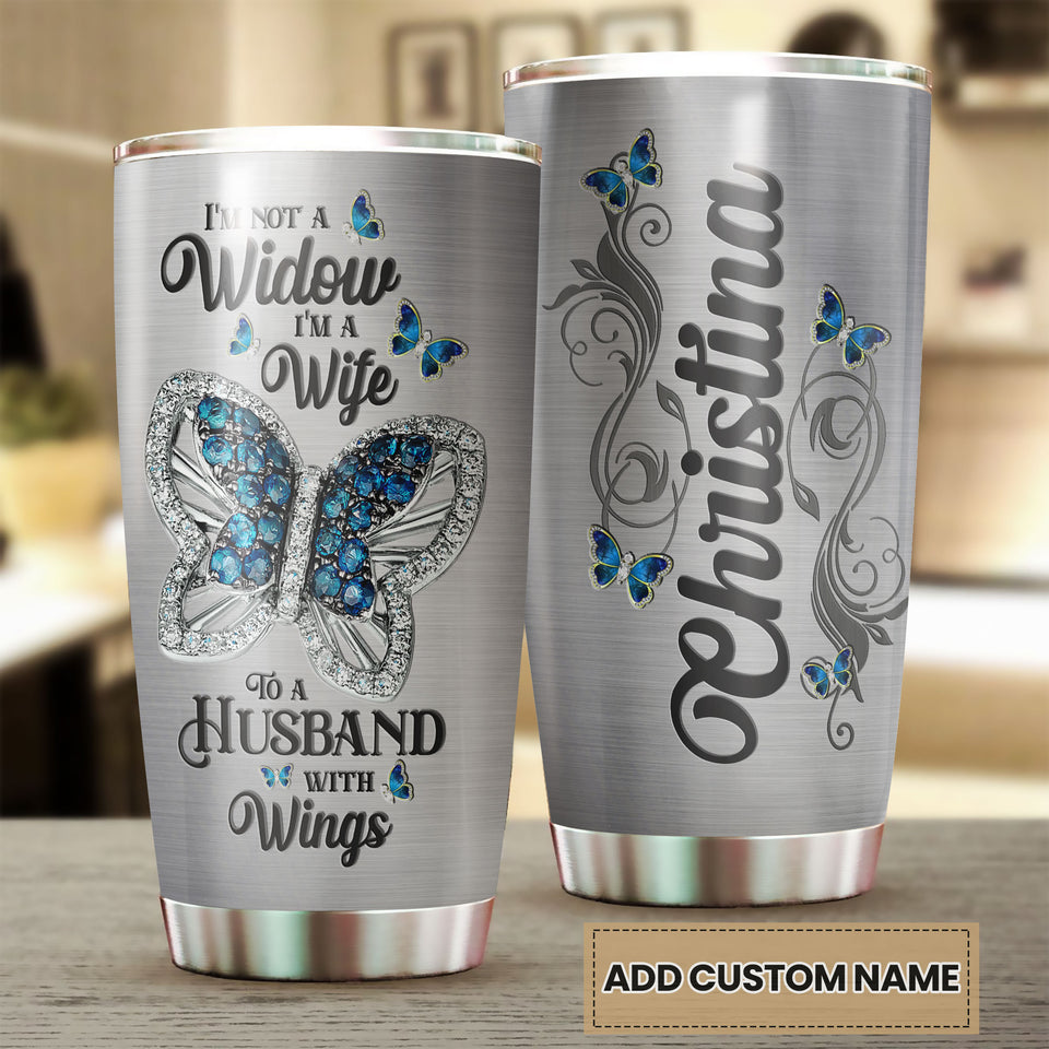Camellia Personalized Widow Butterfly To A Husband With Wings Jewelry Style Stainless Steel Tumbler - Double-Walled Insulation Thermal Cup With Lid Gift For Memorial Day