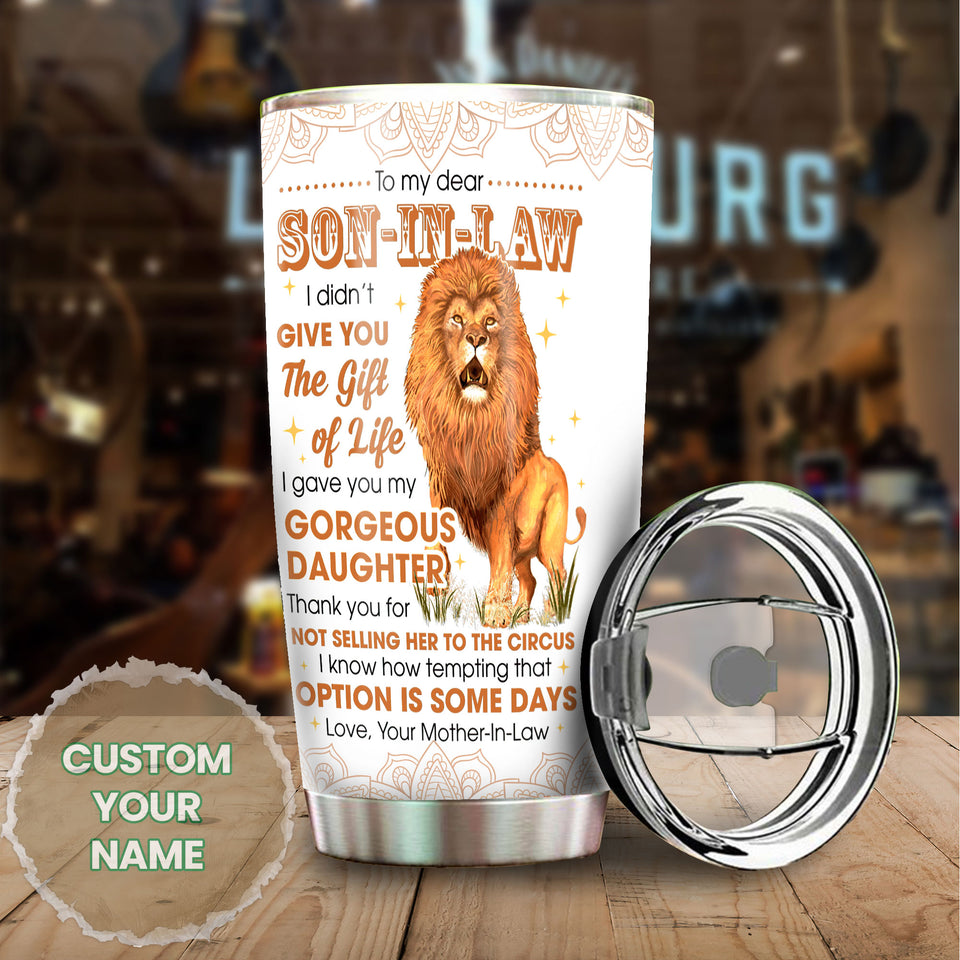 Camellia Personalized Lion To My Dear Son In Law Stainless Steel Tumbler - Double-Walled Insulation Thermal Cup With Lid Mother In Law Gift For Daughter's Husband