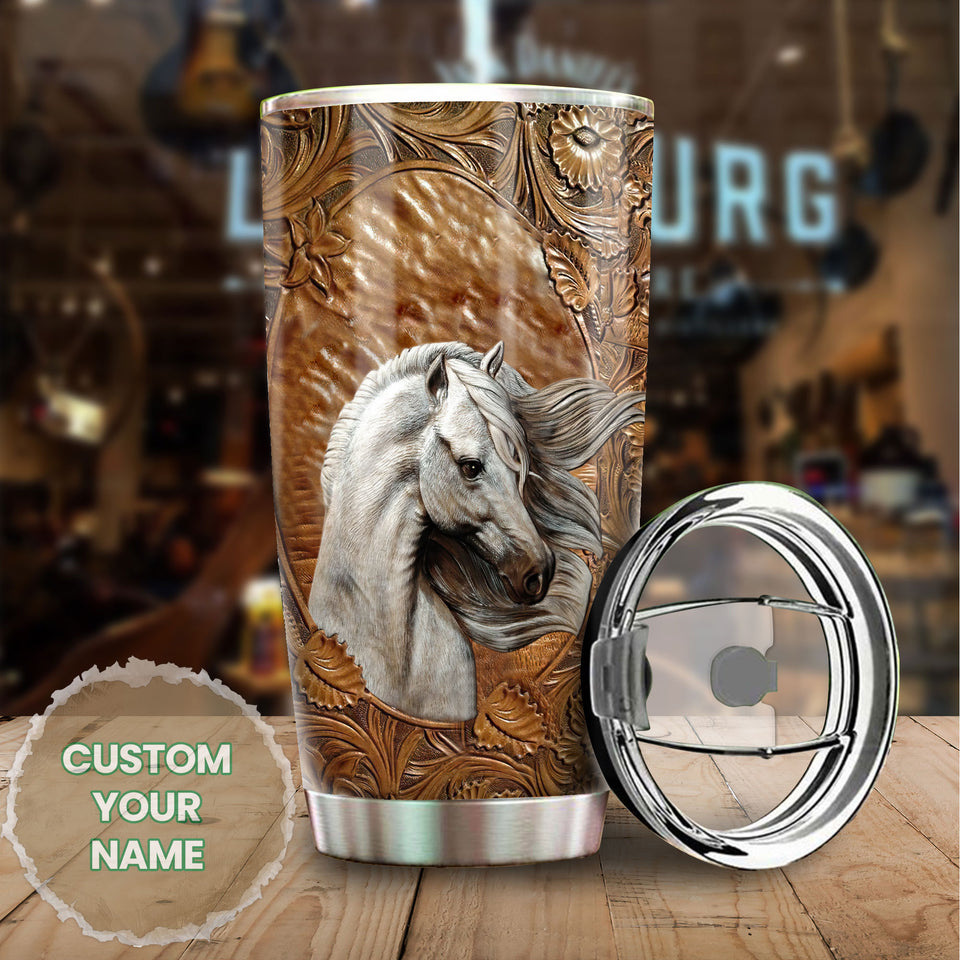 Camellia Personalized White Horse Leather Style Graphics Stainless Steel Tumbler - Double-Walled Insulation Thermal Cup With Lid Gift For Farm Horse Lover Horseback Riding