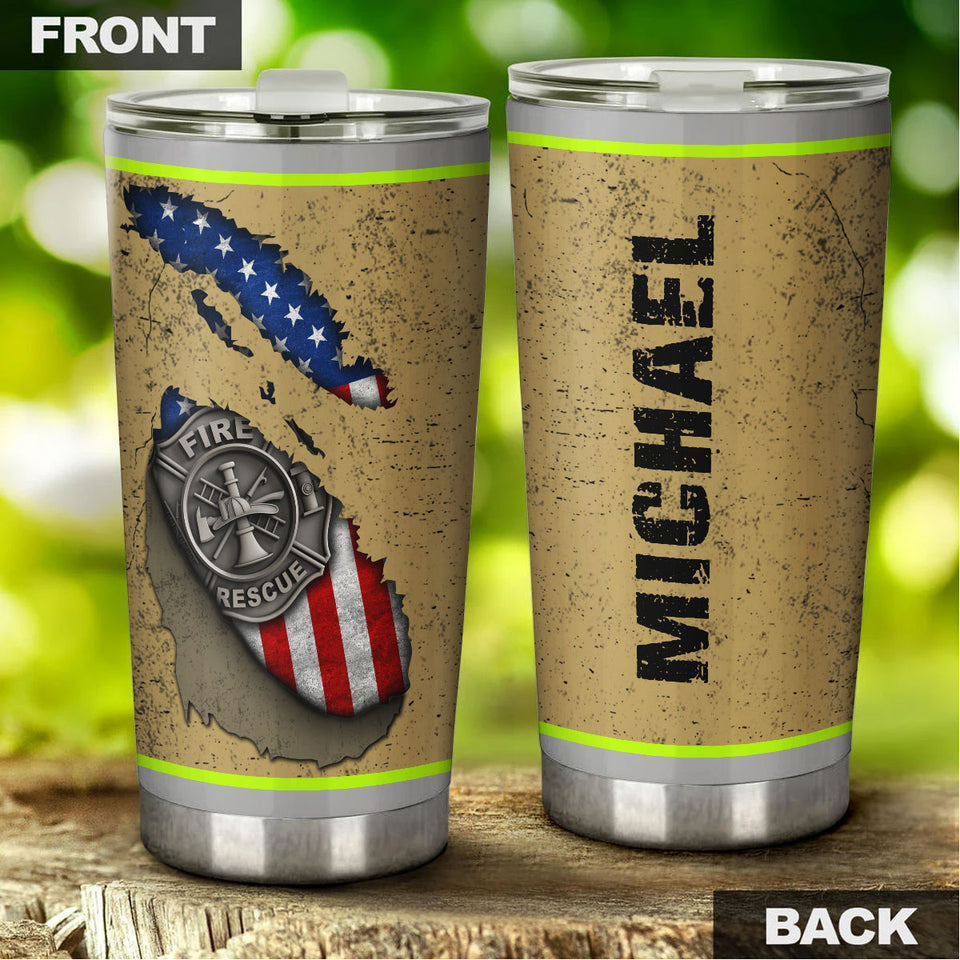Camellia Personalized Firefighter American Flag Fire Rescue Metal Stainless Steel Tumbler - Double-Walled Insulation Travel Thermal Cup With Lid Gift For Firemen Volunteer