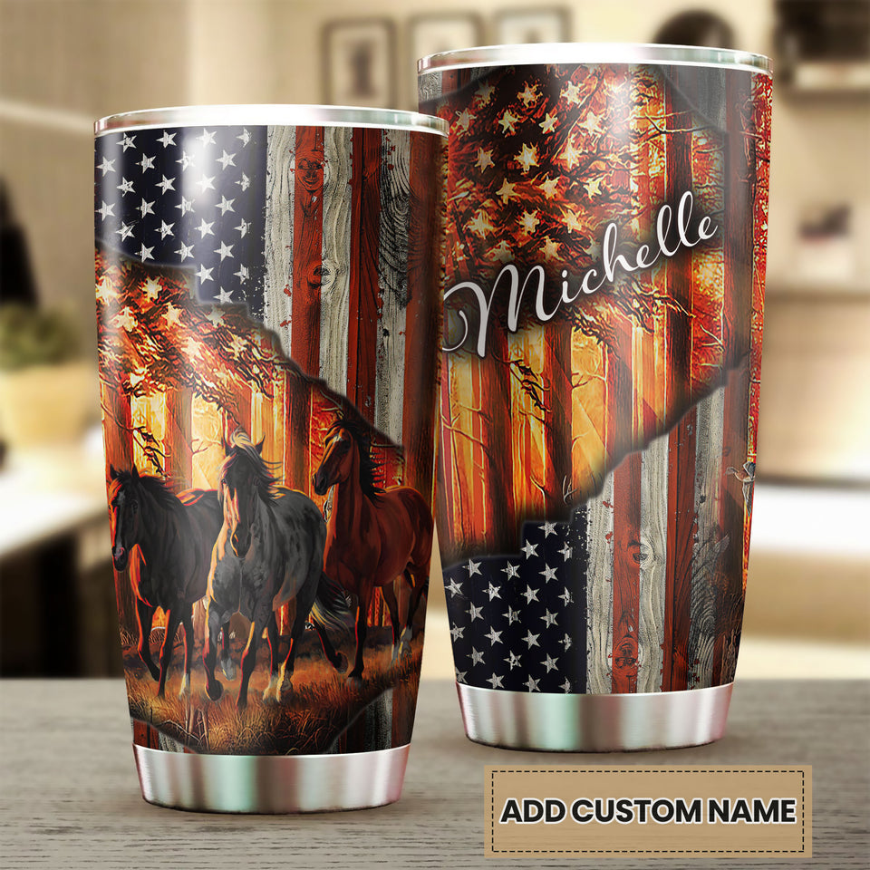 Camellia Personalized Horse American USA FLag Graphics Stainless Steel Tumbler - Double-Walled Insulation Travel Thermal Cup With Lid Gift For Horse Lover Barrel Racing