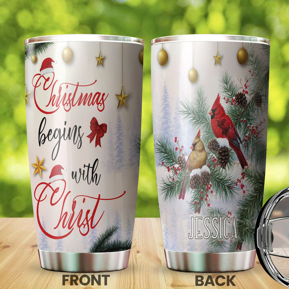 Camellia Personalized Northern Cardinal Chritsmas Begins With Christ Stainless Steel Tumbler - Double-Walled Insulation Travel Thermal Cup With Lid Gift For Xmas