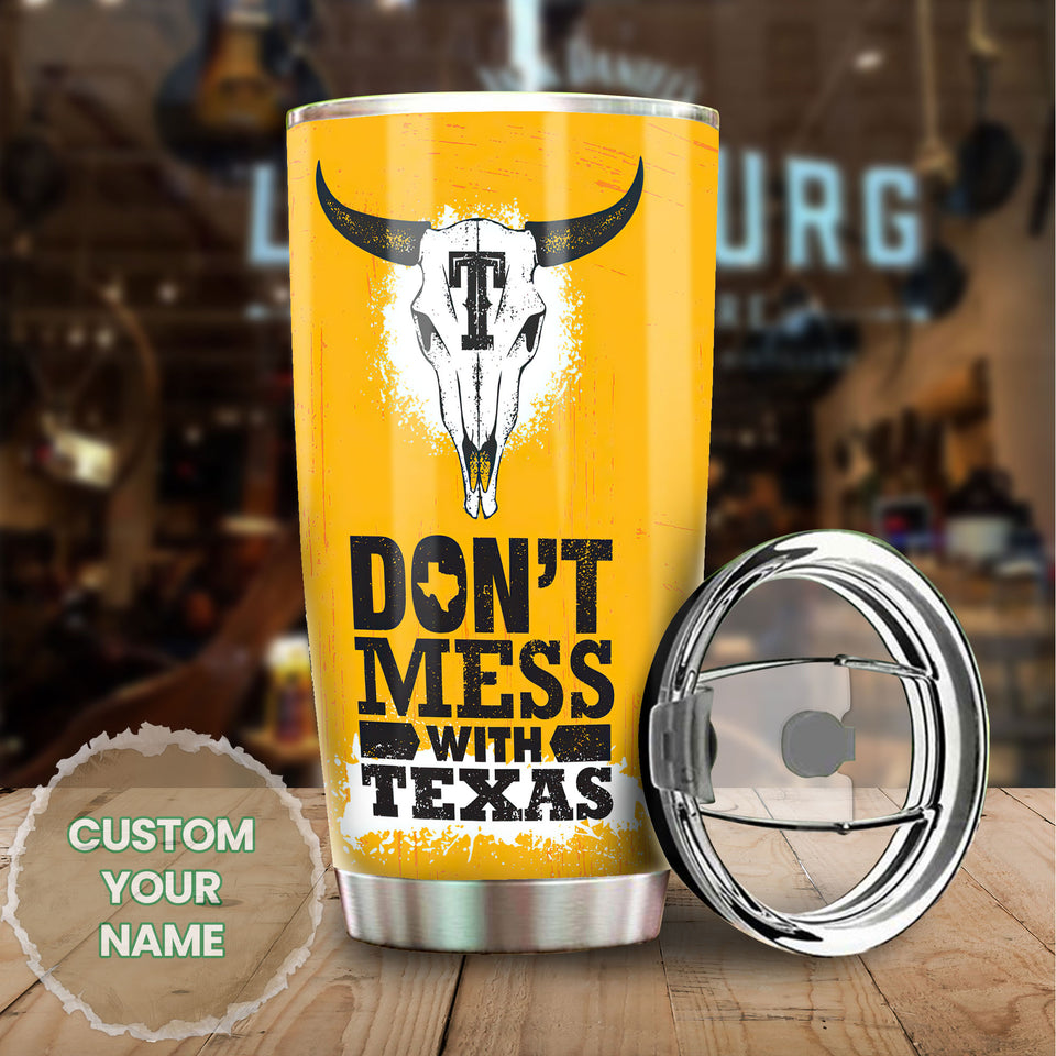 Camellia Personalized Don't Mess With Texas Longhorn Yellow Stainless Steel Tumbler - Double-Walled Insulation Travel Thermal Cup With Lid Gift For Texas Cowboy