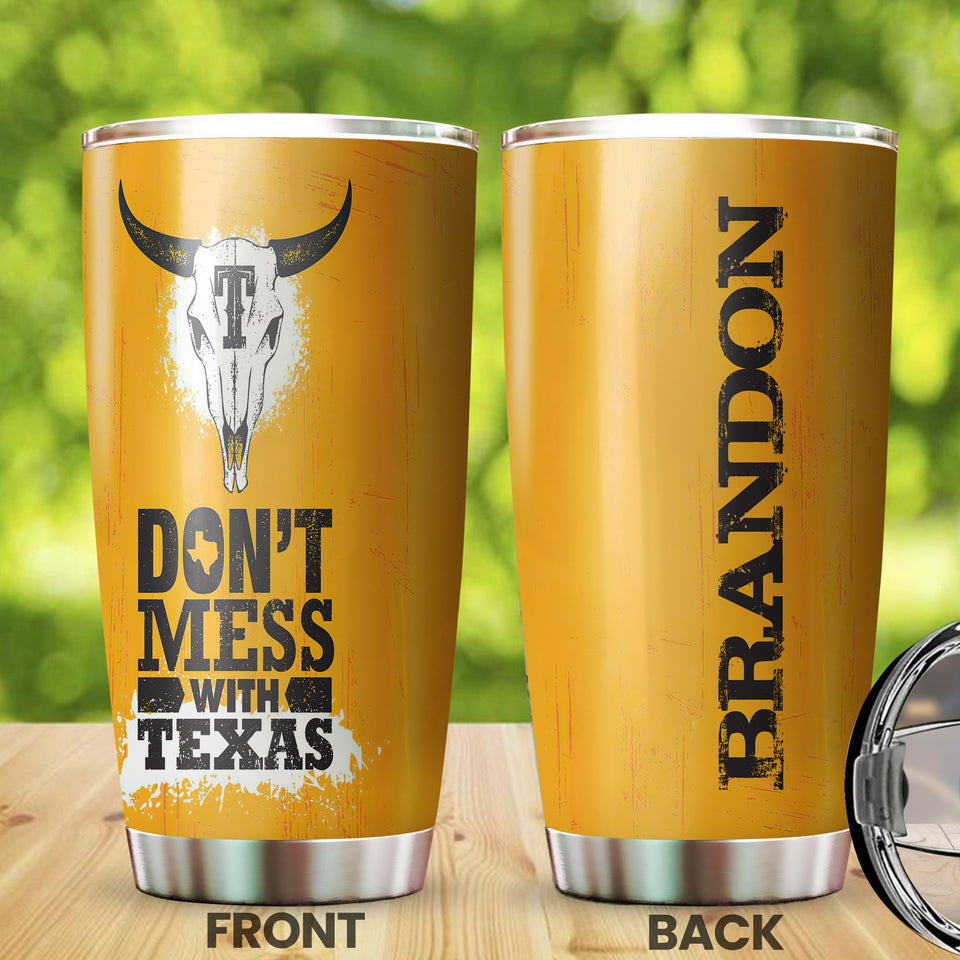 Camellia Personalized Don't Mess With Texas Longhorn Yellow Stainless Steel Tumbler - Double-Walled Insulation Travel Thermal Cup With Lid Gift For Texas Cowboy