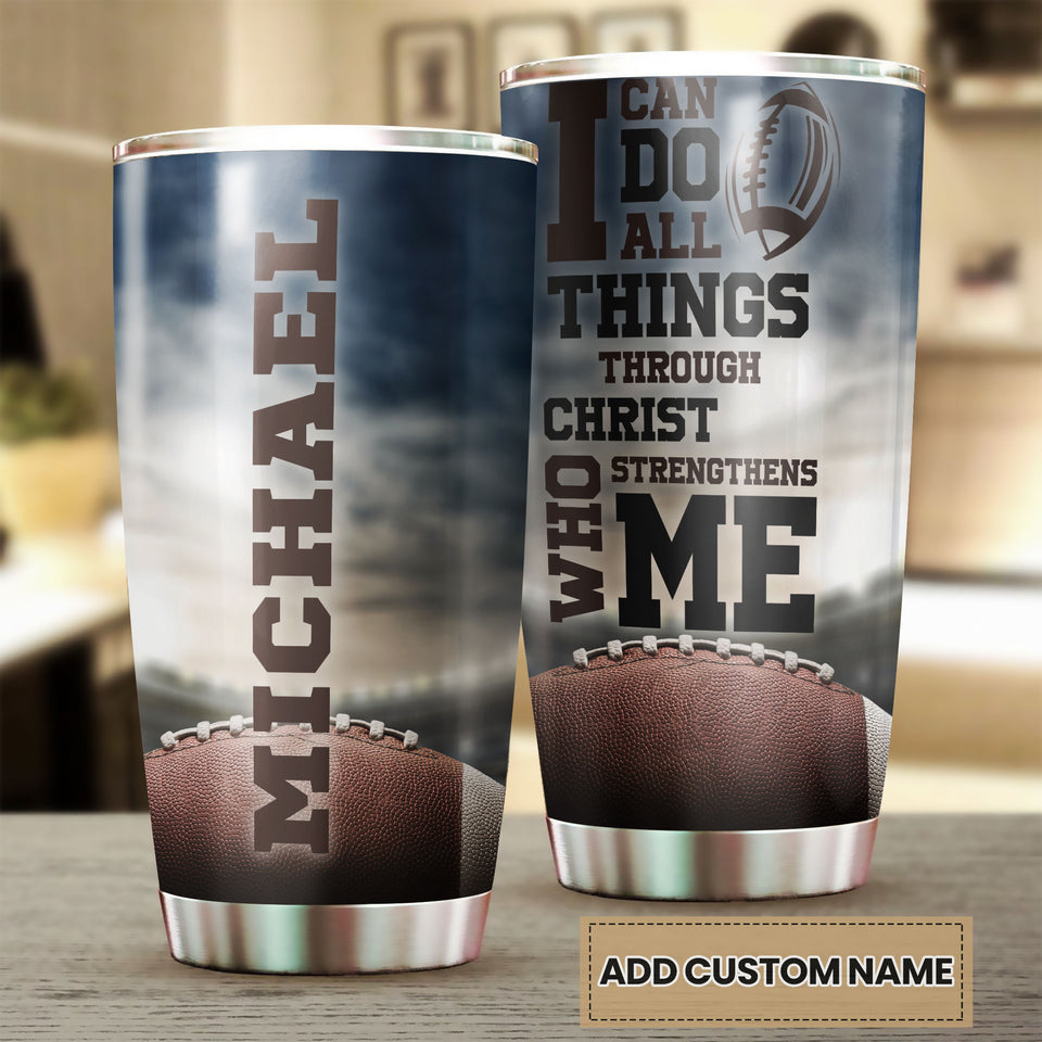 Personalized Football I Can Do All Things Christ Strengthens Me - double-wall vacuum insulated coffee travel tumbler detail