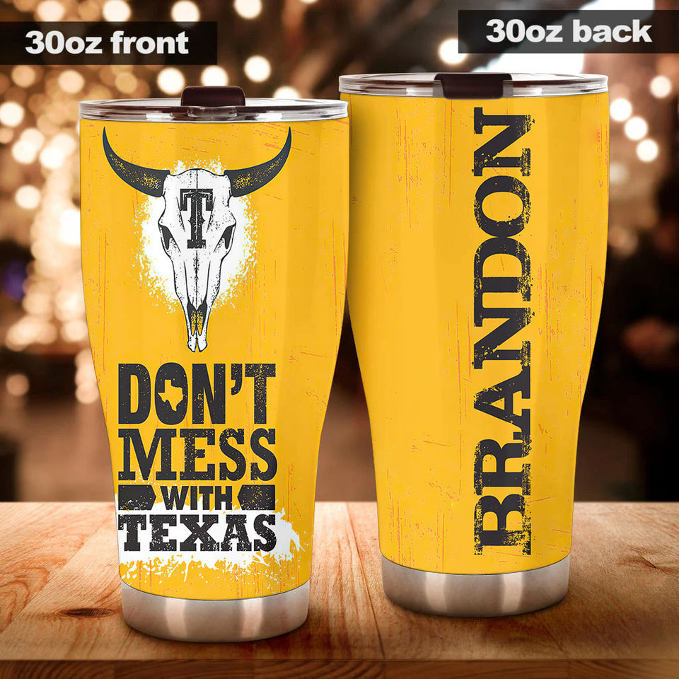 Camellia Personalized Don't Mess With Texas Longhorn Yellow Stainless Steel Tumbler - Double-Walled Insulation Travel Thermal Cup With Lid Gift For Texas Cowboy