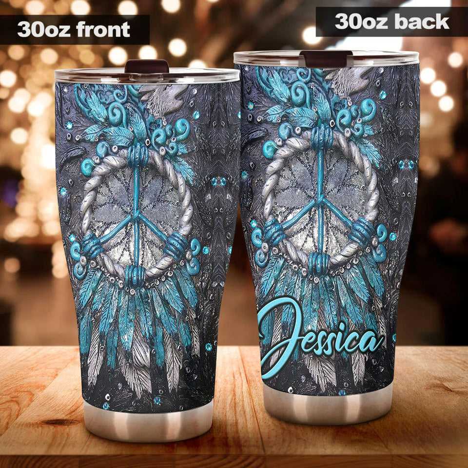Camellia Personalized Peace Hippie Dreamcatcher Wooden Style Stainless Steel Tumbler - Double-Walled Insulation Thermal Cup With Lid Gift For Hipster Hippie Peace Lover