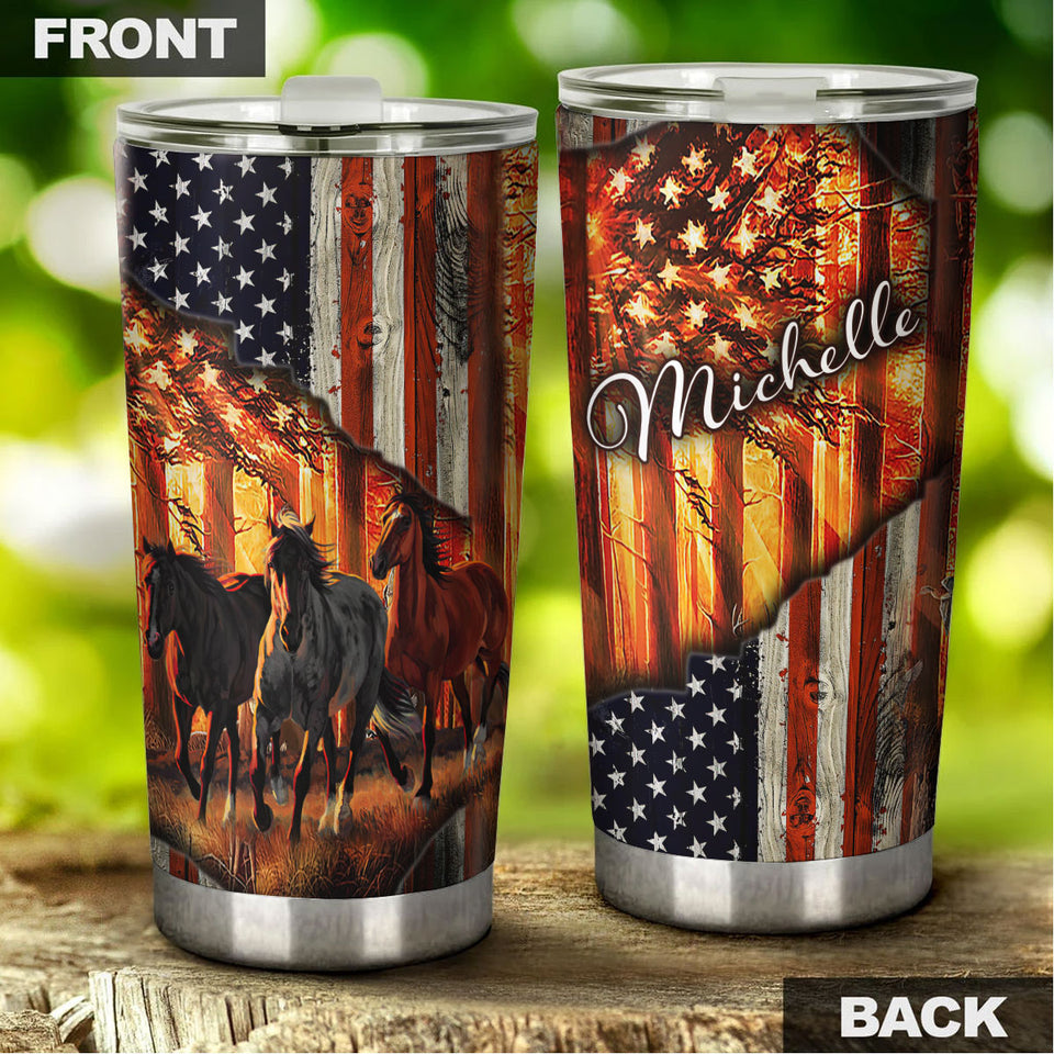 Camellia Personalized Horse American USA FLag Graphics Stainless Steel Tumbler - Double-Walled Insulation Travel Thermal Cup With Lid Gift For Horse Lover Barrel Racing
