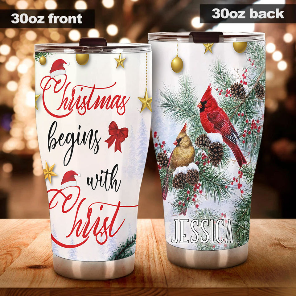 Camellia Personalized Northern Cardinal Chritsmas Begins With Christ Stainless Steel Tumbler - Double-Walled Insulation Travel Thermal Cup With Lid Gift For Xmas