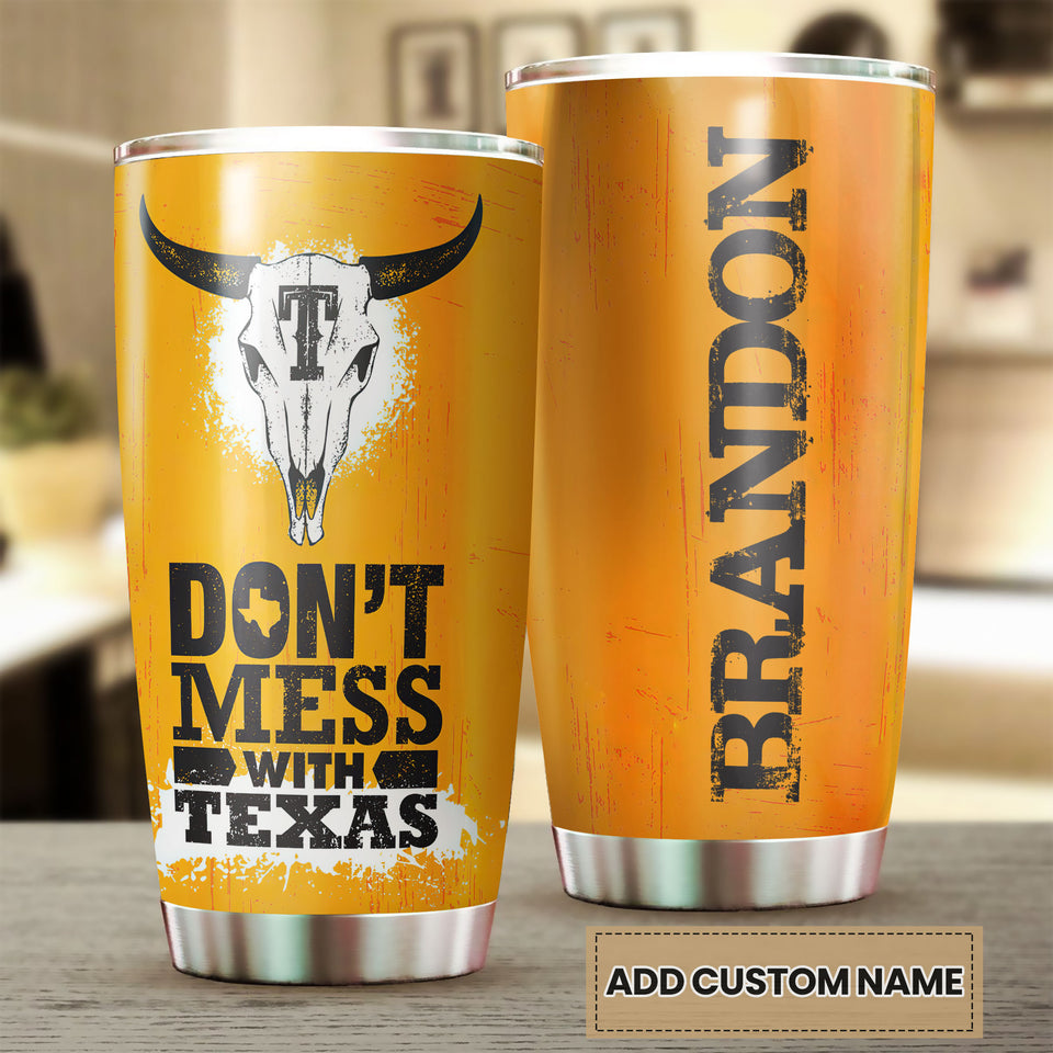 Camellia Personalized Don't Mess With Texas Longhorn Yellow Stainless Steel Tumbler - Double-Walled Insulation Travel Thermal Cup With Lid Gift For Texas Cowboy