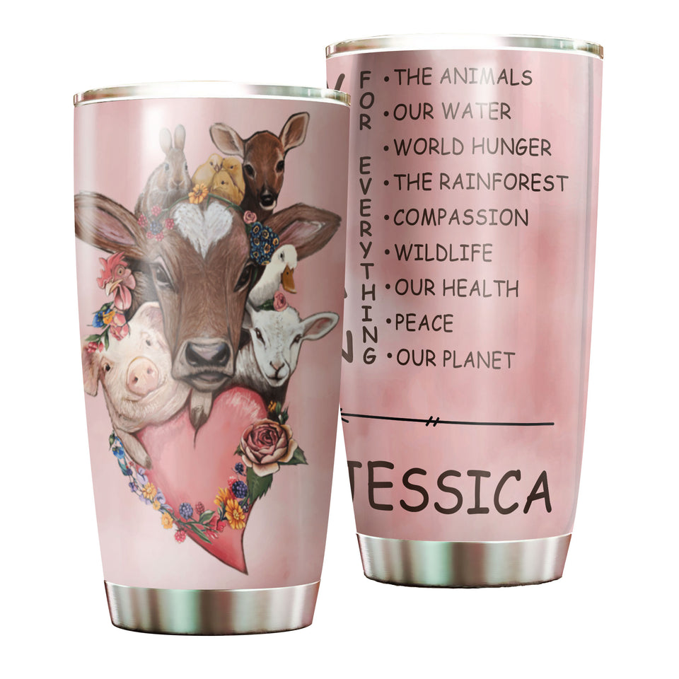 Camellia Personalized Cute Animals Vegan For Everything Stainless Steel Tumbler - Double-Walled Insulation Thermal Cup With Lid Gift For Veggie Vegan Eater