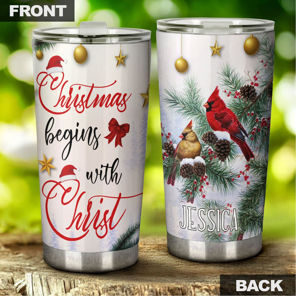 Camellia Personalized Northern Cardinal Chritsmas Begins With Christ Stainless Steel Tumbler - Double-Walled Insulation Travel Thermal Cup With Lid Gift For Xmas