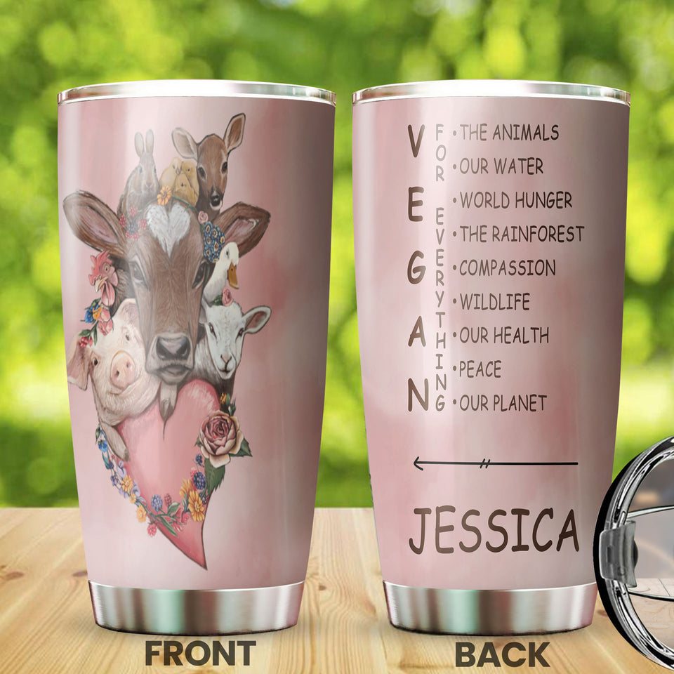 Camellia Personalized Cute Animals Vegan For Everything Stainless Steel Tumbler - Double-Walled Insulation Thermal Cup With Lid Gift For Veggie Vegan Eater