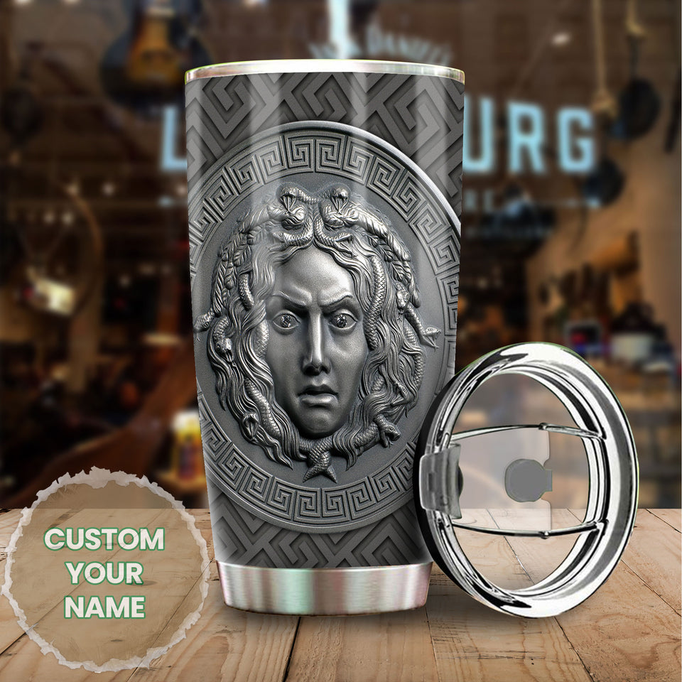 Camellia Personalized Viking Medusa Metal Style Stainless Steel Tumbler - Double-Walled Insulation Travel Thermal Cup With Lid Gift For Viking Lover