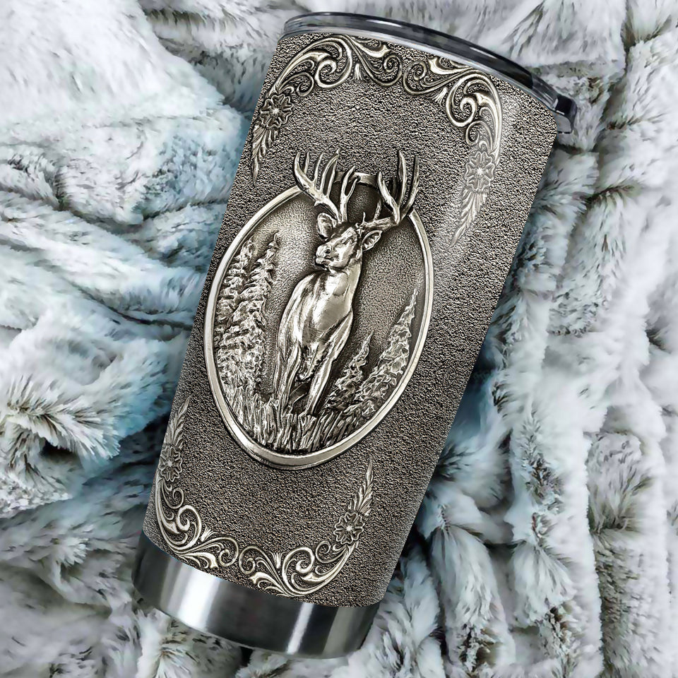 Camellia Personalized Deer Forest Hunting Silver Metal Style Stainless Steel Tumbler - Double-Walled Insulation Travel Thermal Cup With Lid Gift For Hunter Dad