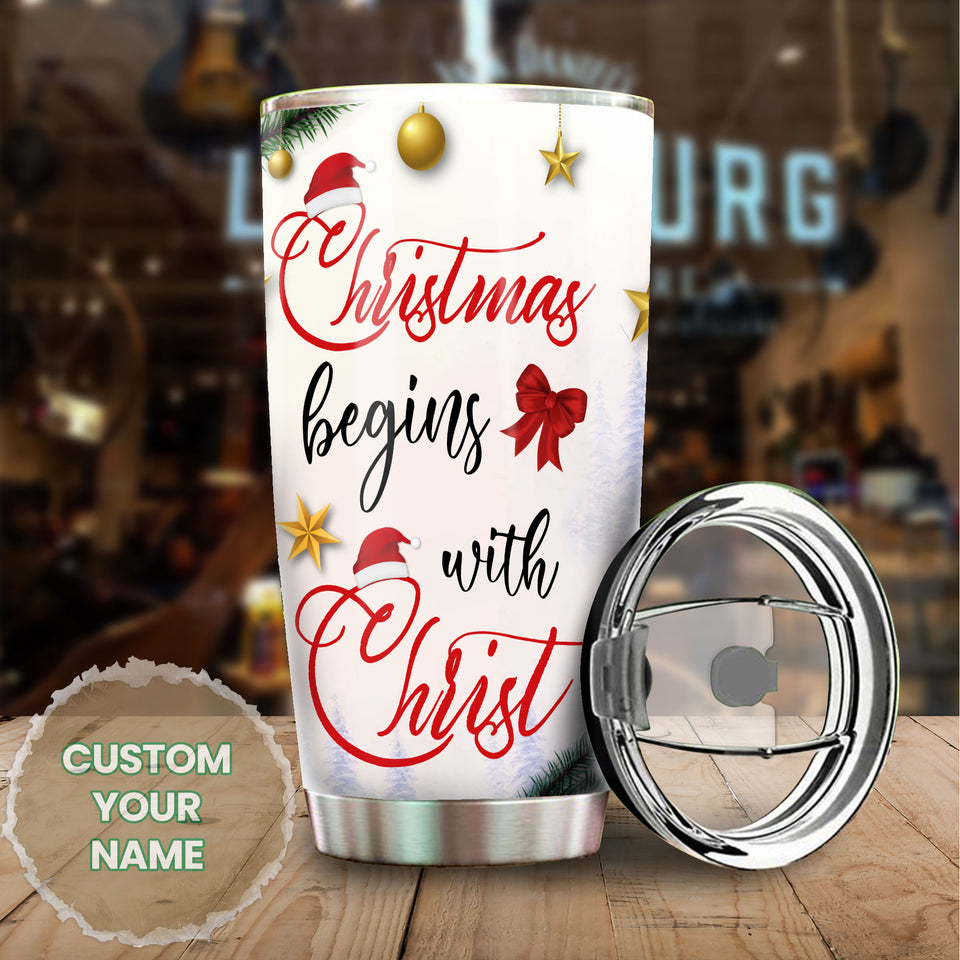 Camellia Personalized Northern Cardinal Chritsmas Begins With Christ Stainless Steel Tumbler - Double-Walled Insulation Travel Thermal Cup With Lid Gift For Xmas
