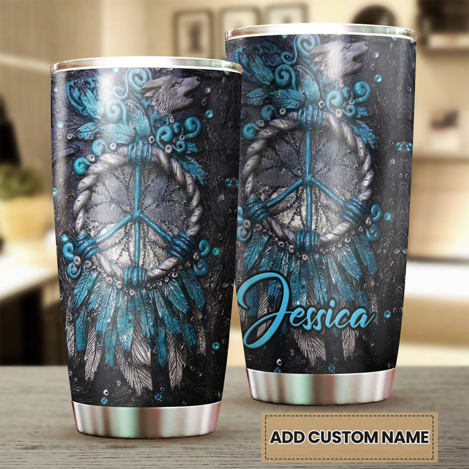 Camellia Personalized Peace Hippie Dreamcatcher Wooden Style Stainless Steel Tumbler - Double-Walled Insulation Thermal Cup With Lid Gift For Hipster Hippie Peace Lover