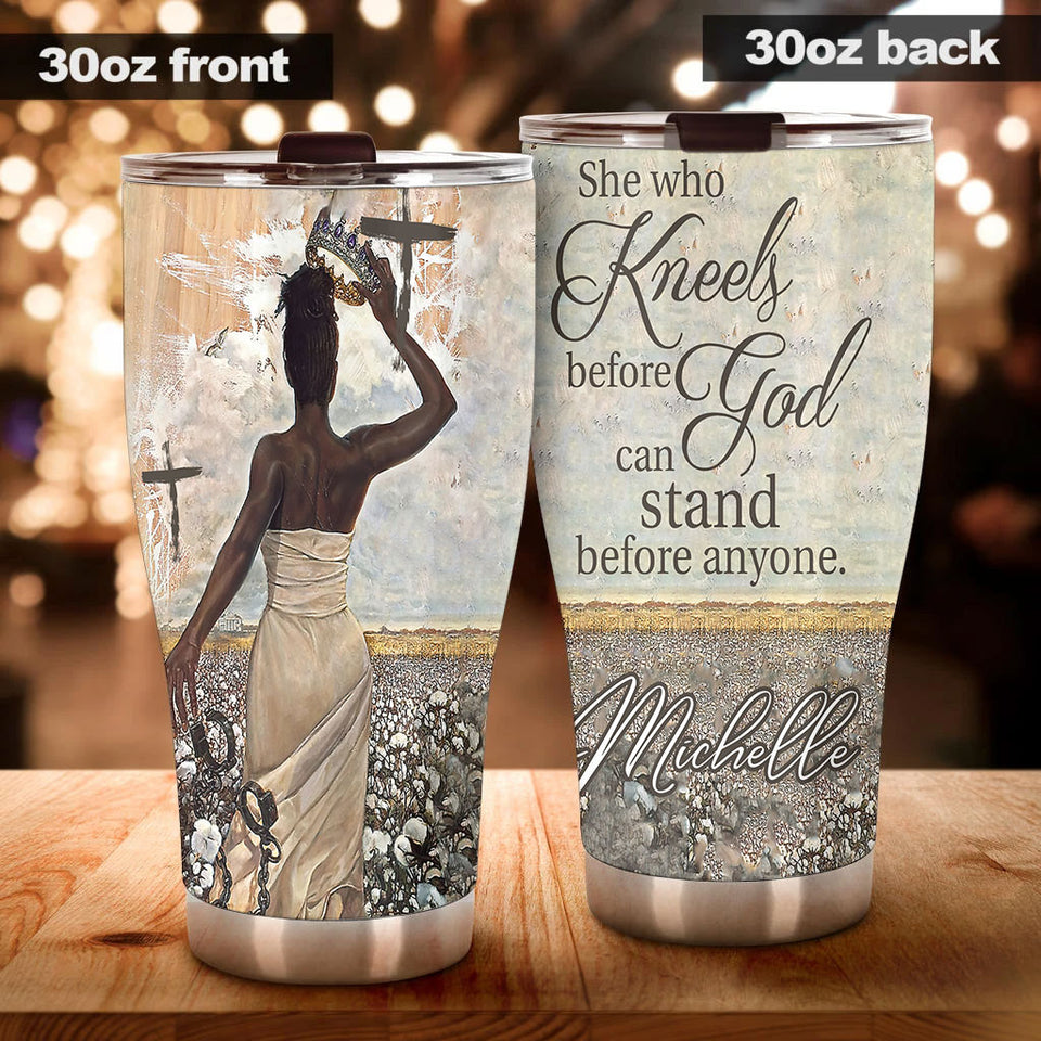 Camellia Personalized Afro Girl Kneels Before God Stand Before Anyone Stainless Steel Tumbler - Double-Walled Insulation Thermal Cup With Lid For Faith Believer Women