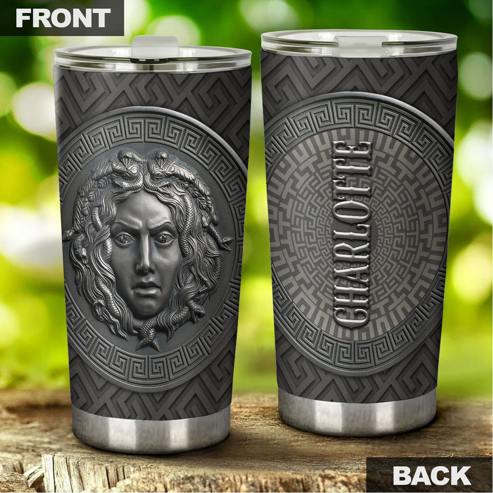 Camellia Personalized Viking Medusa Metal Style Stainless Steel Tumbler - Double-Walled Insulation Travel Thermal Cup With Lid Gift For Viking Lover