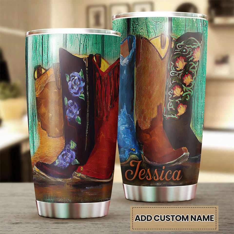 Personalized Hippie Cowboy Boots Painting Vintage Graphic - double-wall vacuum insulated coffee travel tumbler detail