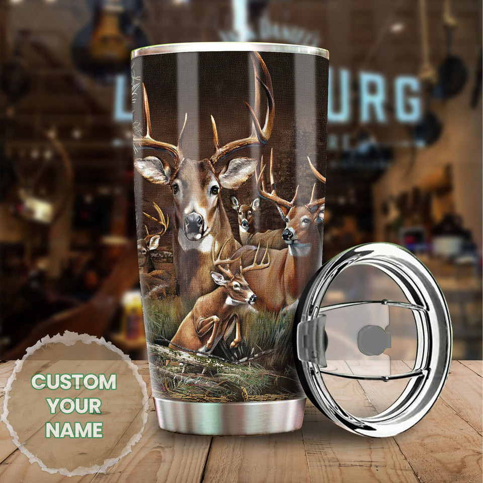 Camellia Personalized Deer Forest Hunting Graphics Stainless Steel Tumbler - Double-Walled Insulation Travel Thermal Cup With Lid Gift For Deer Hunter Men