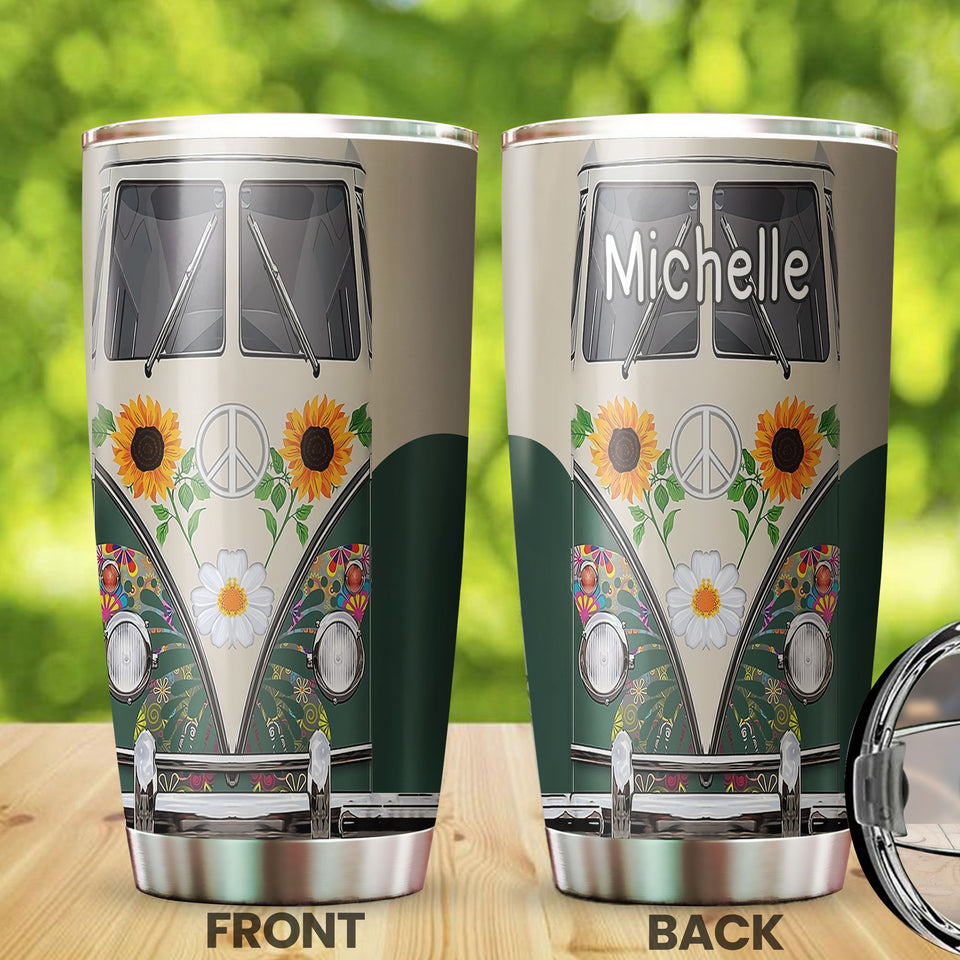 Camellia Personalized Sunflower Hippie Peace Lover Butterfly Graphics Stainless Steel Tumbler - Double-Walled Insulation Thermal Cup With Lid Gift For Hipster