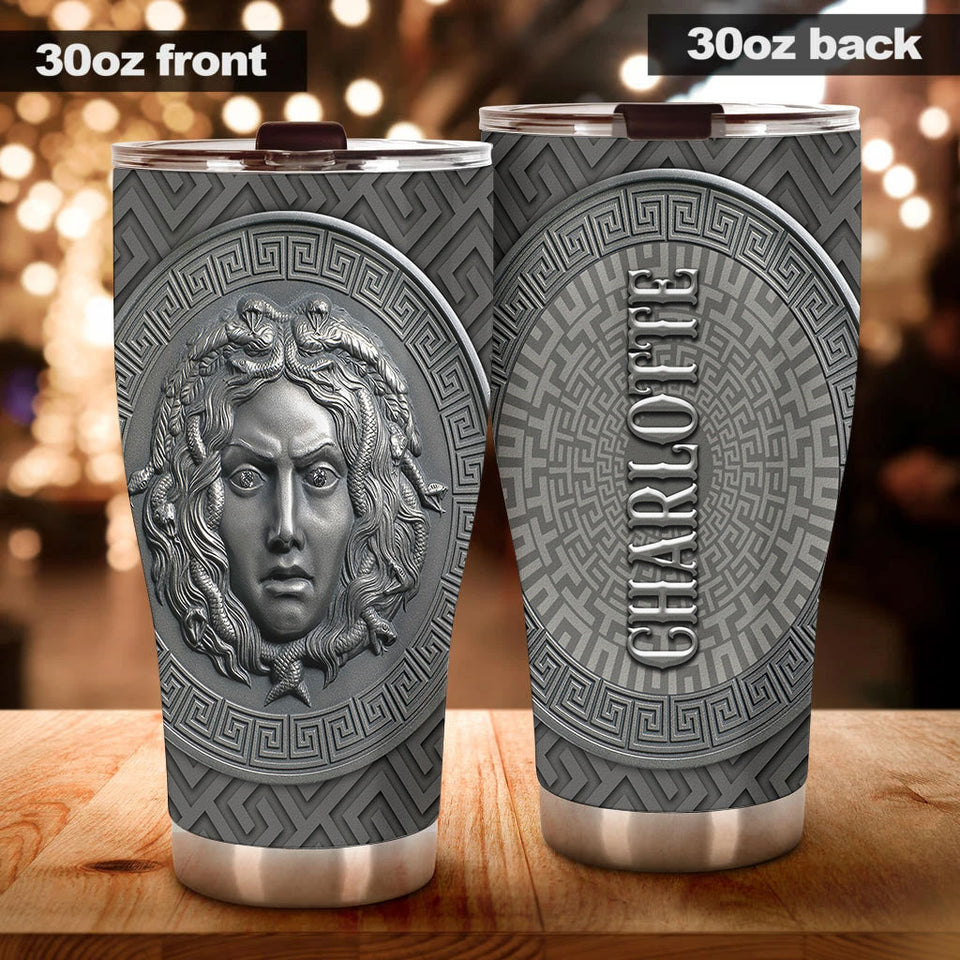 Camellia Personalized Viking Medusa Metal Style Stainless Steel Tumbler - Double-Walled Insulation Travel Thermal Cup With Lid Gift For Viking Lover