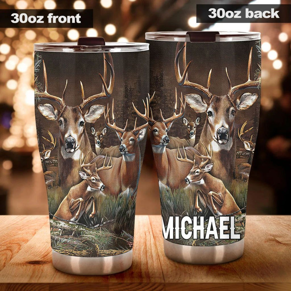 Camellia Personalized Deer Forest Hunting Graphics Stainless Steel Tumbler - Double-Walled Insulation Travel Thermal Cup With Lid Gift For Deer Hunter Men