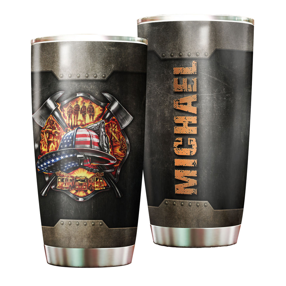 Camellia Personalized Firefighter American Flag Metal Style Graphics Stainless Steel Tumbler - Double-Walled Insulation Thermal Cup With Lid Gift For Firemen Volunteer