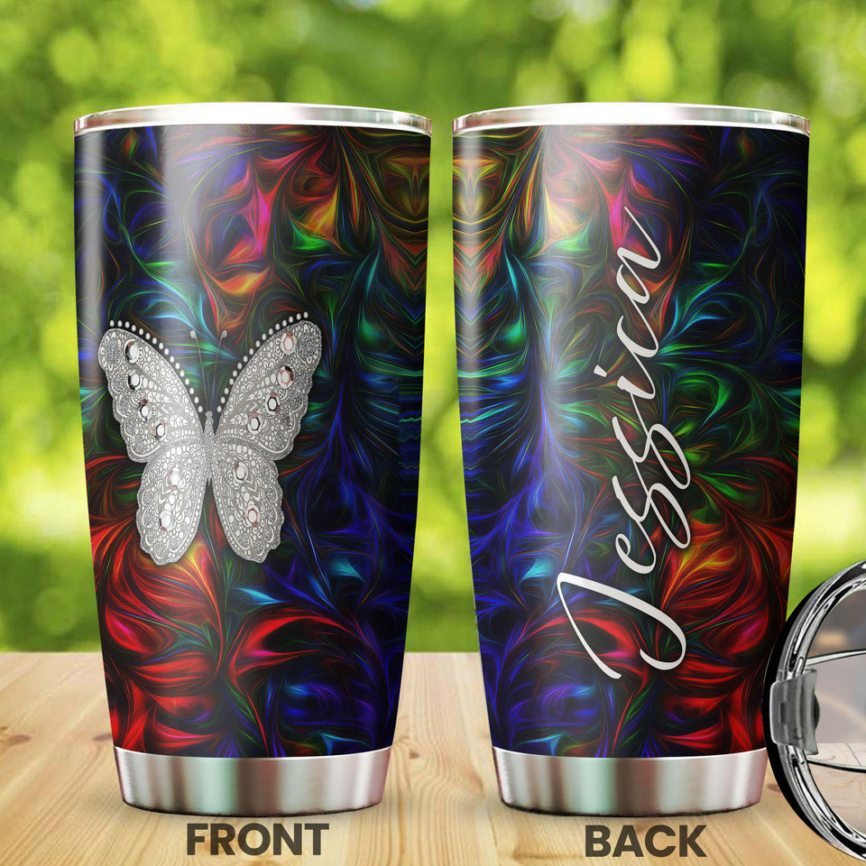 Camellia Personalized Colorful Butterfly Jewelry Style Stainless Steel Tumbler - Double-Walled Insulation Travel Thermal Cup With Lid Gift For Memorial Day