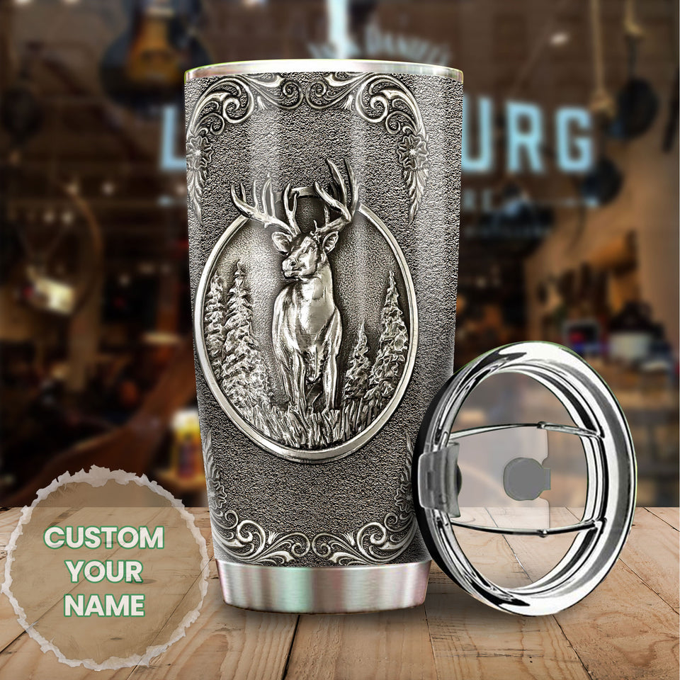 Camellia Personalized Deer Forest Hunting Silver Metal Style Stainless Steel Tumbler - Double-Walled Insulation Travel Thermal Cup With Lid Gift For Hunter Dad