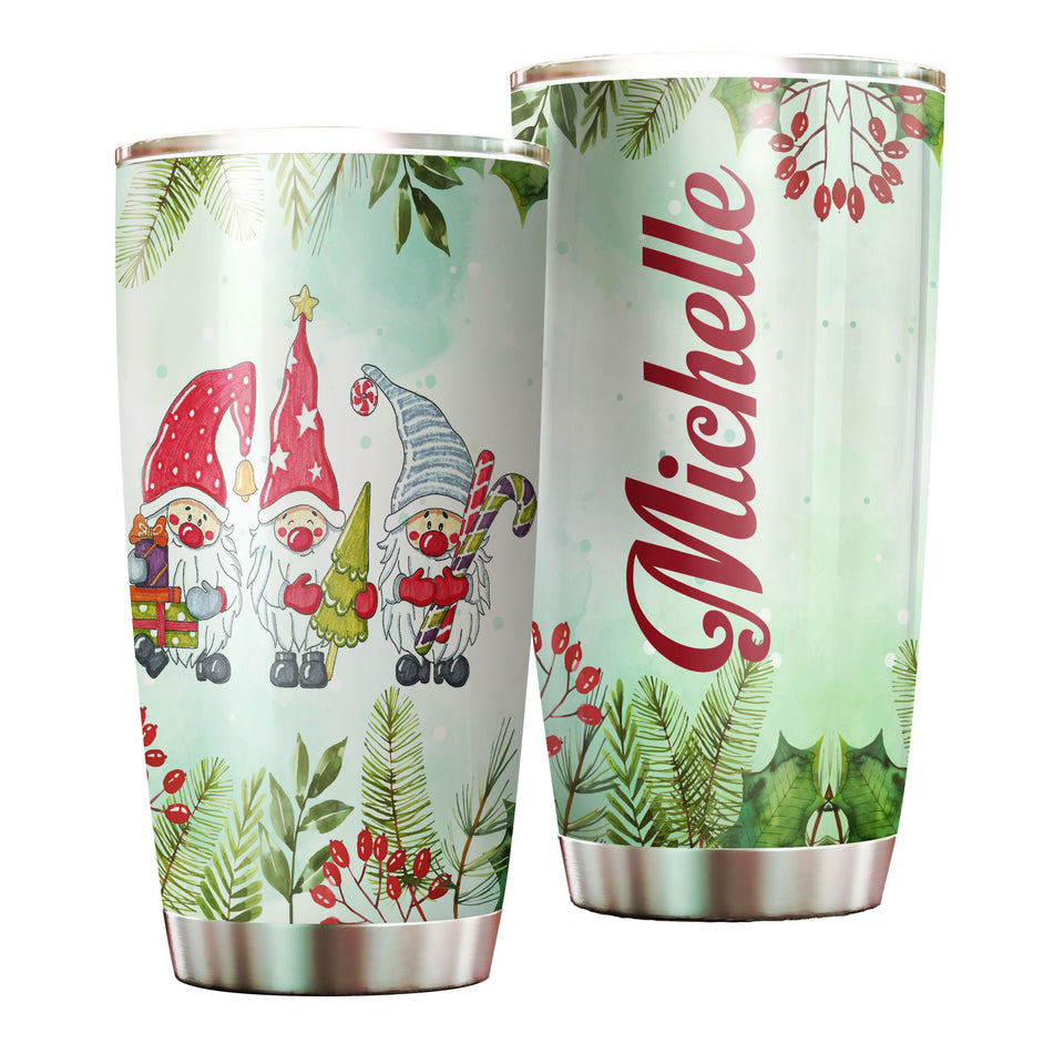 Camellia Personalized Gnomes Wearing Santa Hat Merry Christmas Stainless Steel Tumbler - Double-Walled Insulation Thermal Cup With Lid Gift For Xmas Holiday
