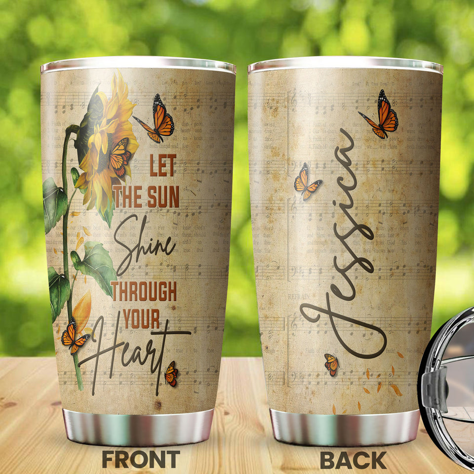 Camellia Personalized Sunflower Hippie Let The Sun Shine Through Heart Stainless Steel Tumbler - Double-Walled Insulation Travel Thermal Cup With Lid Gift For Hipster Girl