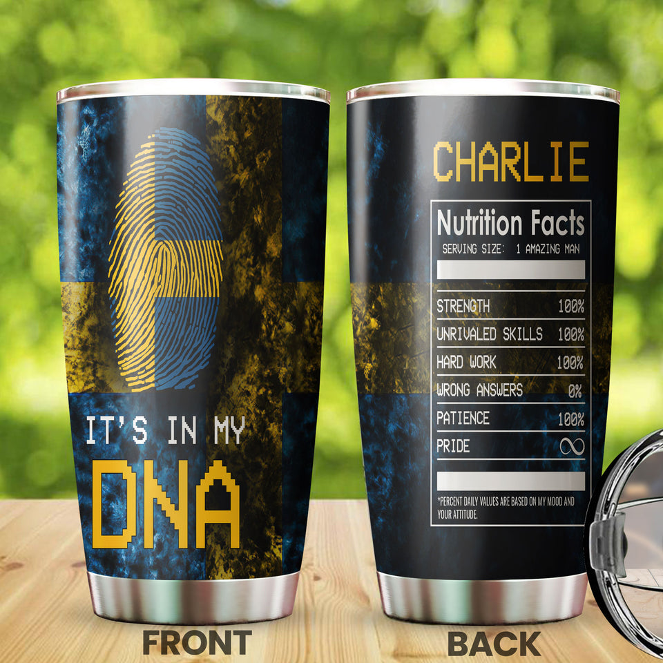 Camellia Personalized DNA Sweden Fingerprint Nutrition Facts Stainless Steel Tumbler - Double-Walled Insulation Travel Thermal Cup With Lid Gift For Swedish