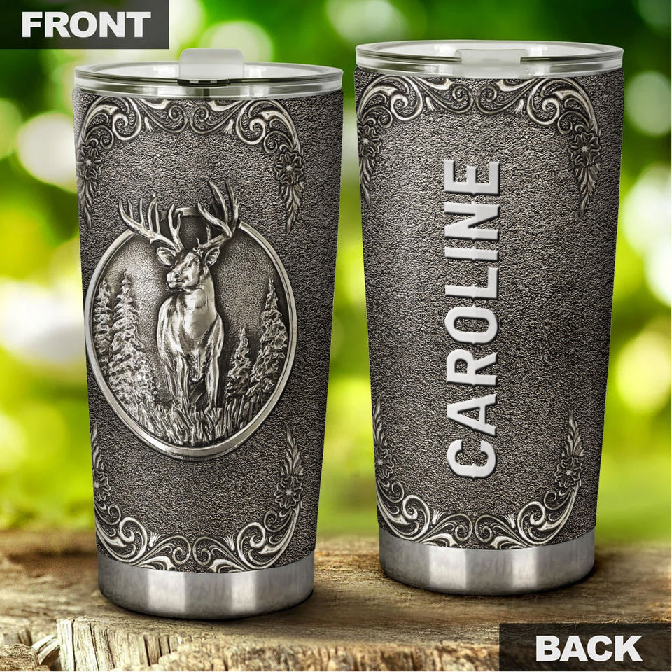 Camellia Personalized Deer Forest Hunting Silver Metal Style Stainless Steel Tumbler - Double-Walled Insulation Travel Thermal Cup With Lid Gift For Hunter Dad
